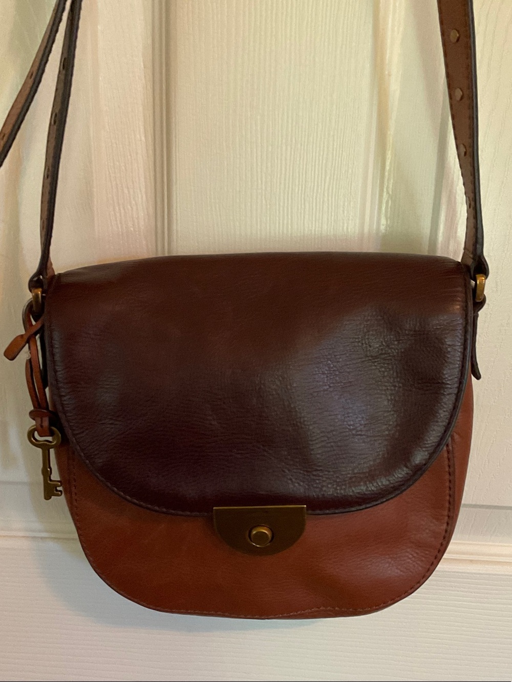 NWOT Fossil EMI Two-Tone Brown and Tan Leather Crossbody